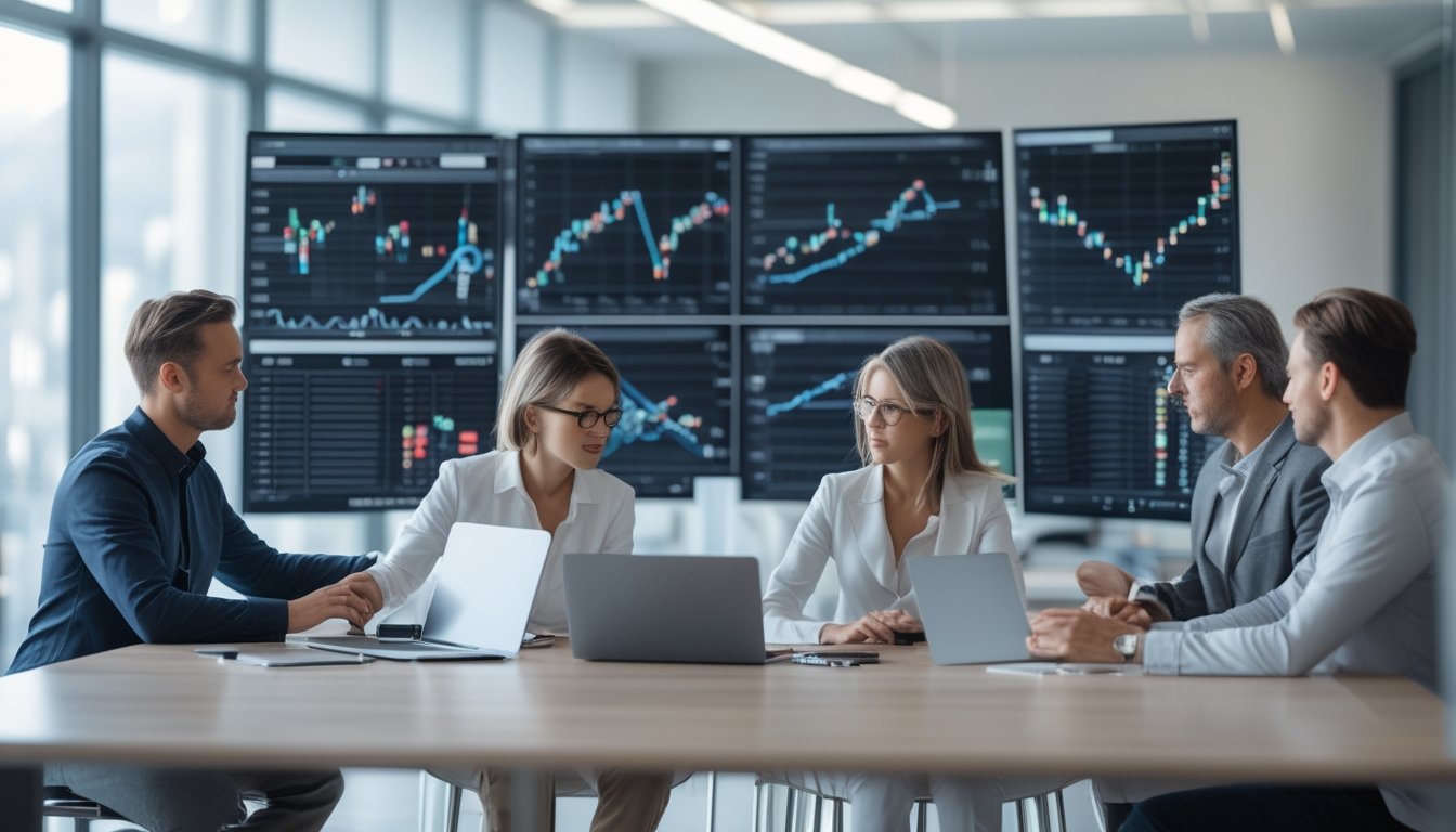 Sekelompok orang sedang bekerja sama menganalisis data dan grafik di layar komputer dalam ruangan kantor modern.