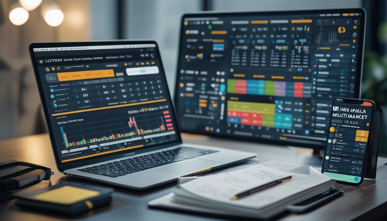 Seorang profesional menggunakan laptop dengan tampilan platform taruhan togel parlay multi pasaran di meja kerja yang rapi.