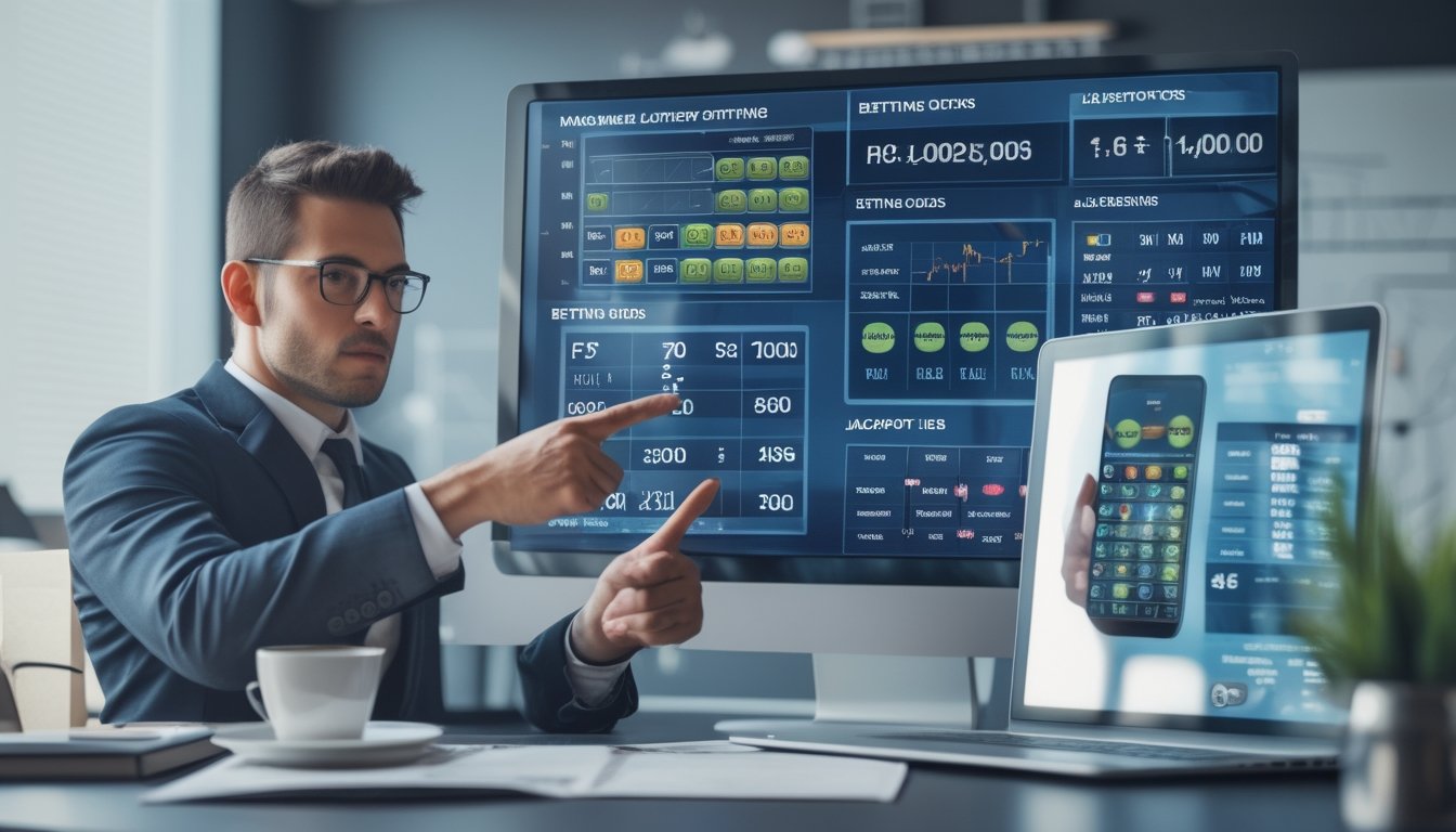 Seorang pria profesional sedang menganalisis data di layar komputer di kantor modern.