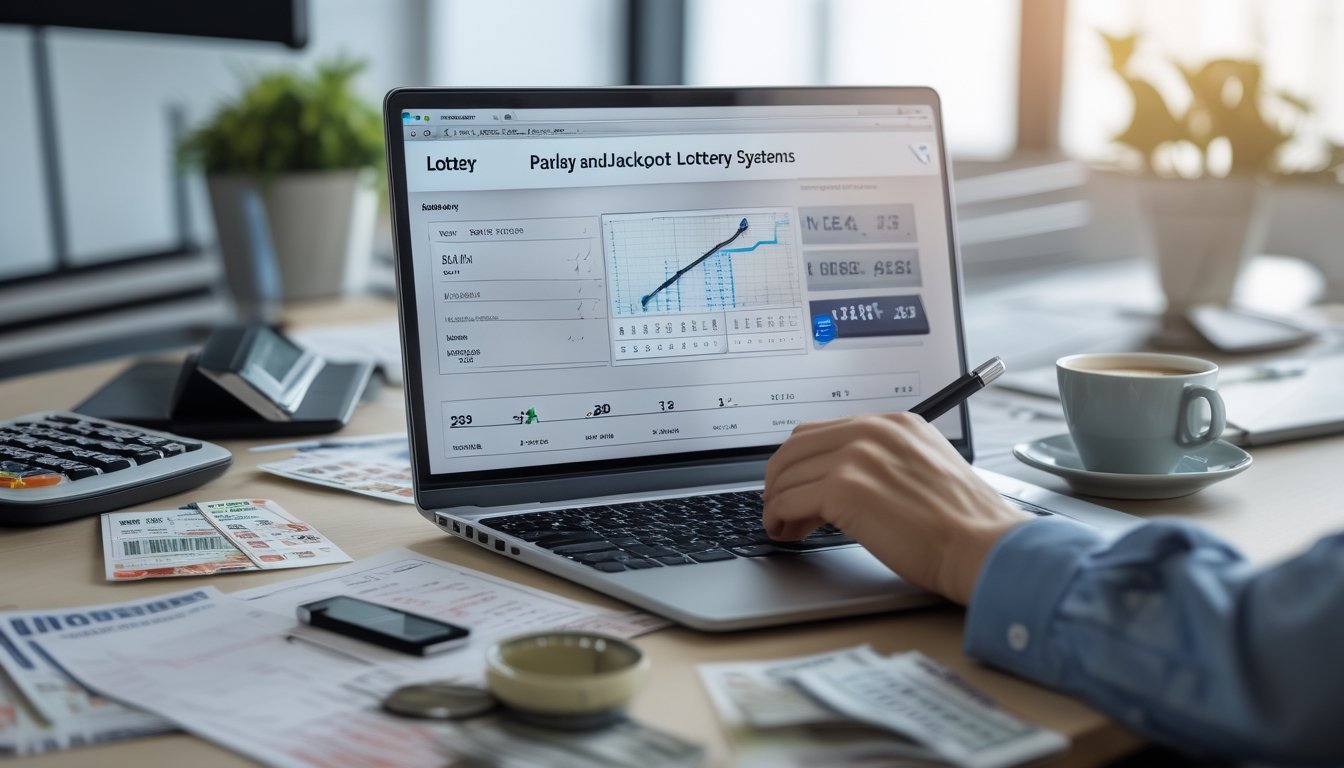Seorang pria duduk di meja kerja dengan laptop, tiket togel, kalkulator, dan buku catatan, sedang menganalisis data untuk strategi menang togel.