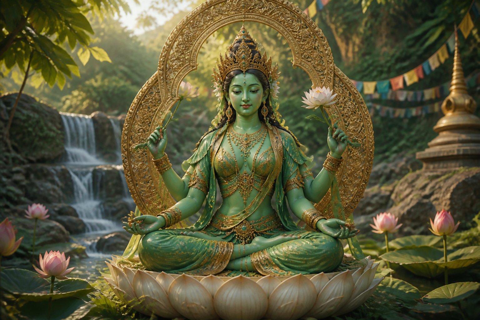 Eine grüne weibliche buddhistische Gottheit sitzt im Lotussitz auf einer Lotusblume, umgeben von grüner Natur und sanftem Licht.