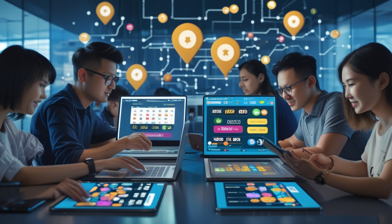 Sekelompok orang muda menggunakan perangkat digital untuk bermain lotre dan taruhan online di ruang kerja modern.