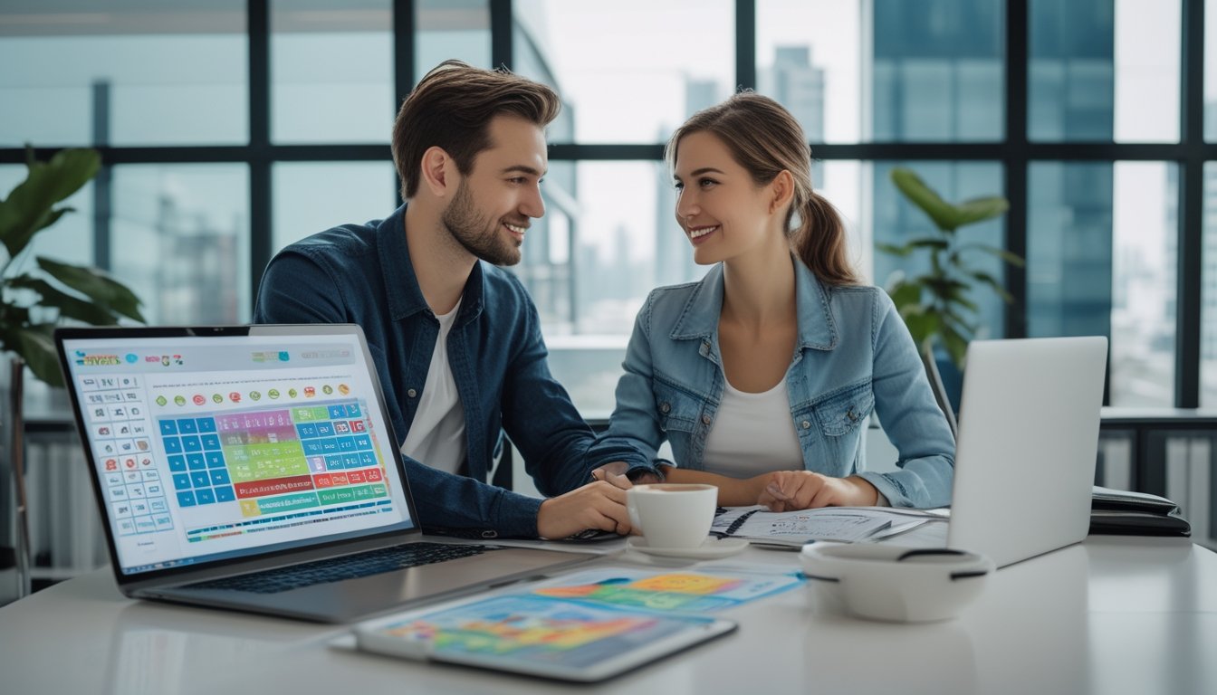 Dua orang dewasa duduk bersama di meja kantor modern, berdiskusi dengan serius sambil melihat perangkat digital yang menampilkan grafik dan angka lotre.