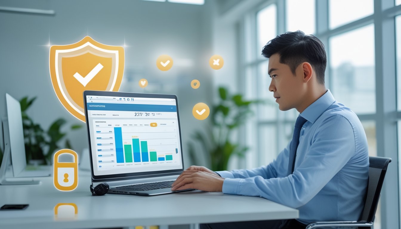 Seorang pria Asia Tenggara duduk di meja kerja dengan laptop, fokus melihat data terkait taruhan togel, di ruangan kantor yang terang dan rapi.