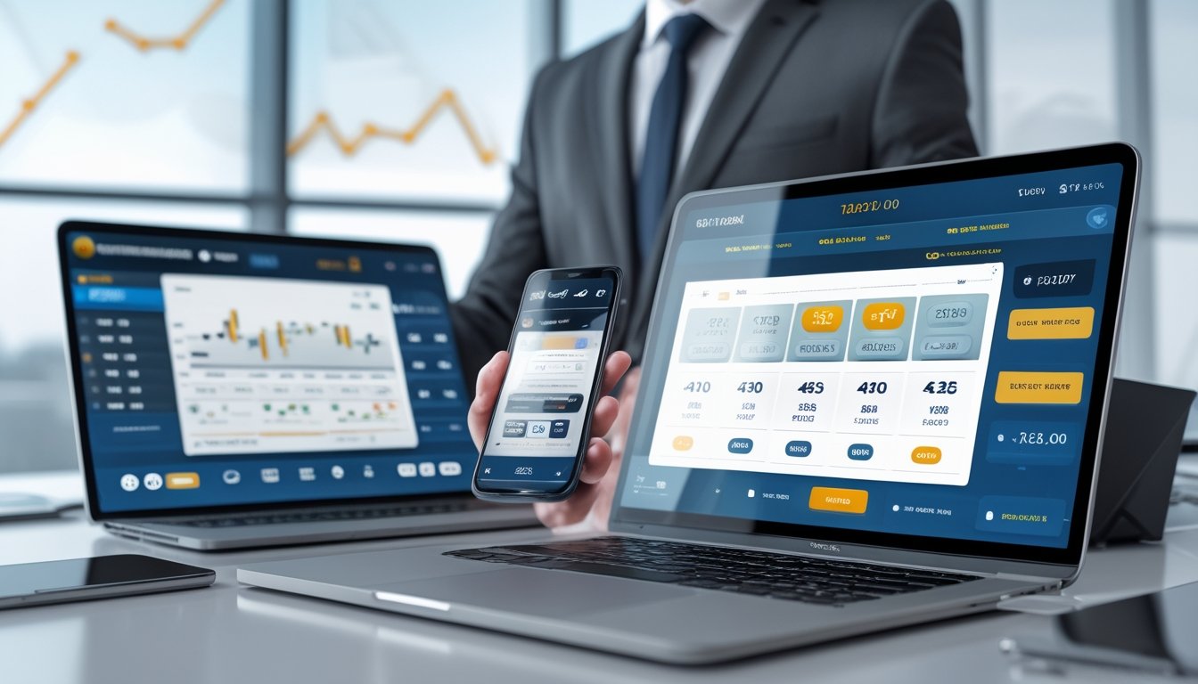 Seorang profesional menggunakan beberapa perangkat digital yang menampilkan platform taruhan togel dengan sistem inovatif dan pembayaran cepat di lingkungan kantor yang terang.
