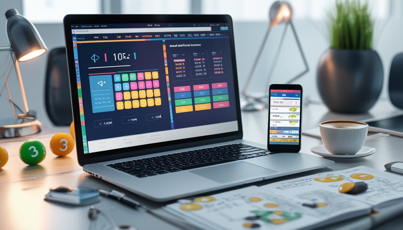 Meja kerja modern dengan laptop, ponsel, dan catatan yang menunjukkan aktivitas terkait permainan togel dan taruhan online.