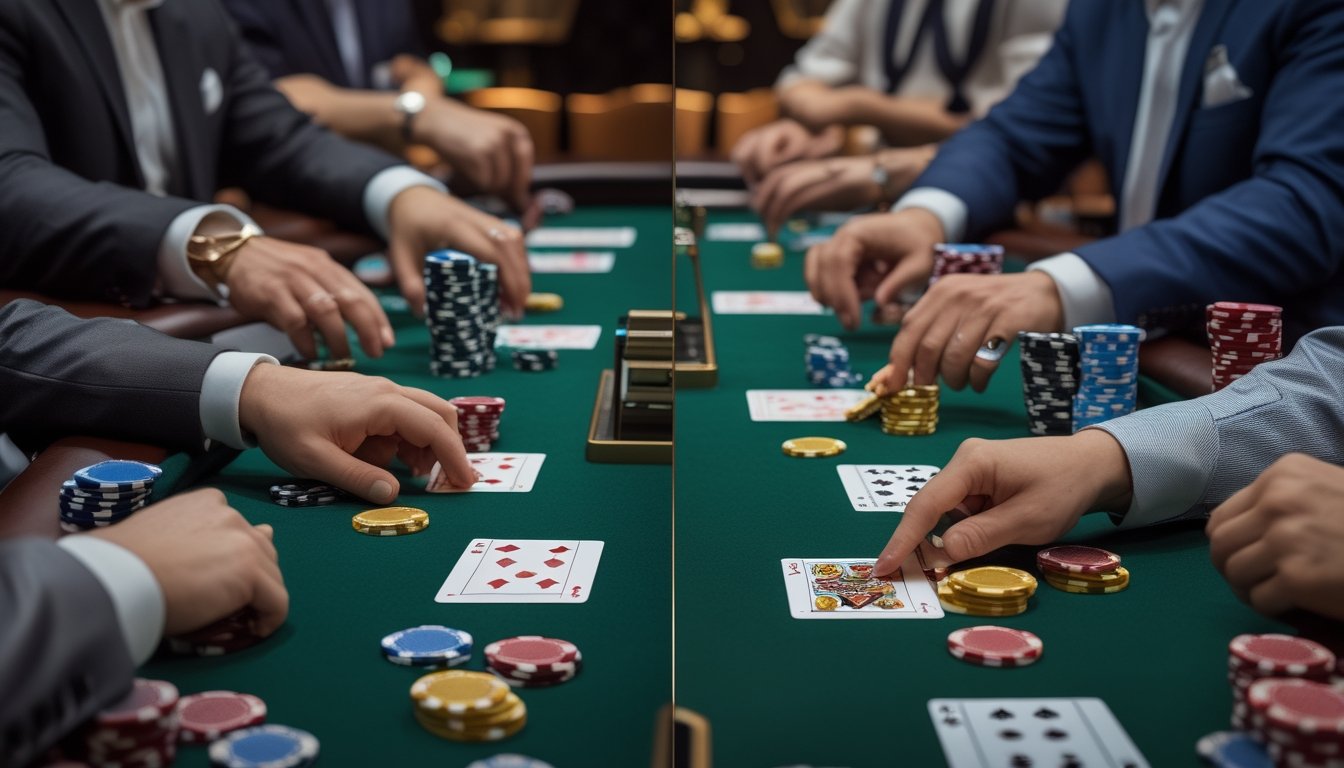 Meja kasino dengan permainan blackjack Perfect Pairs dan Chinese Blackjack yang sedang dimainkan oleh beberapa orang dengan kartu dan chip taruhan.
