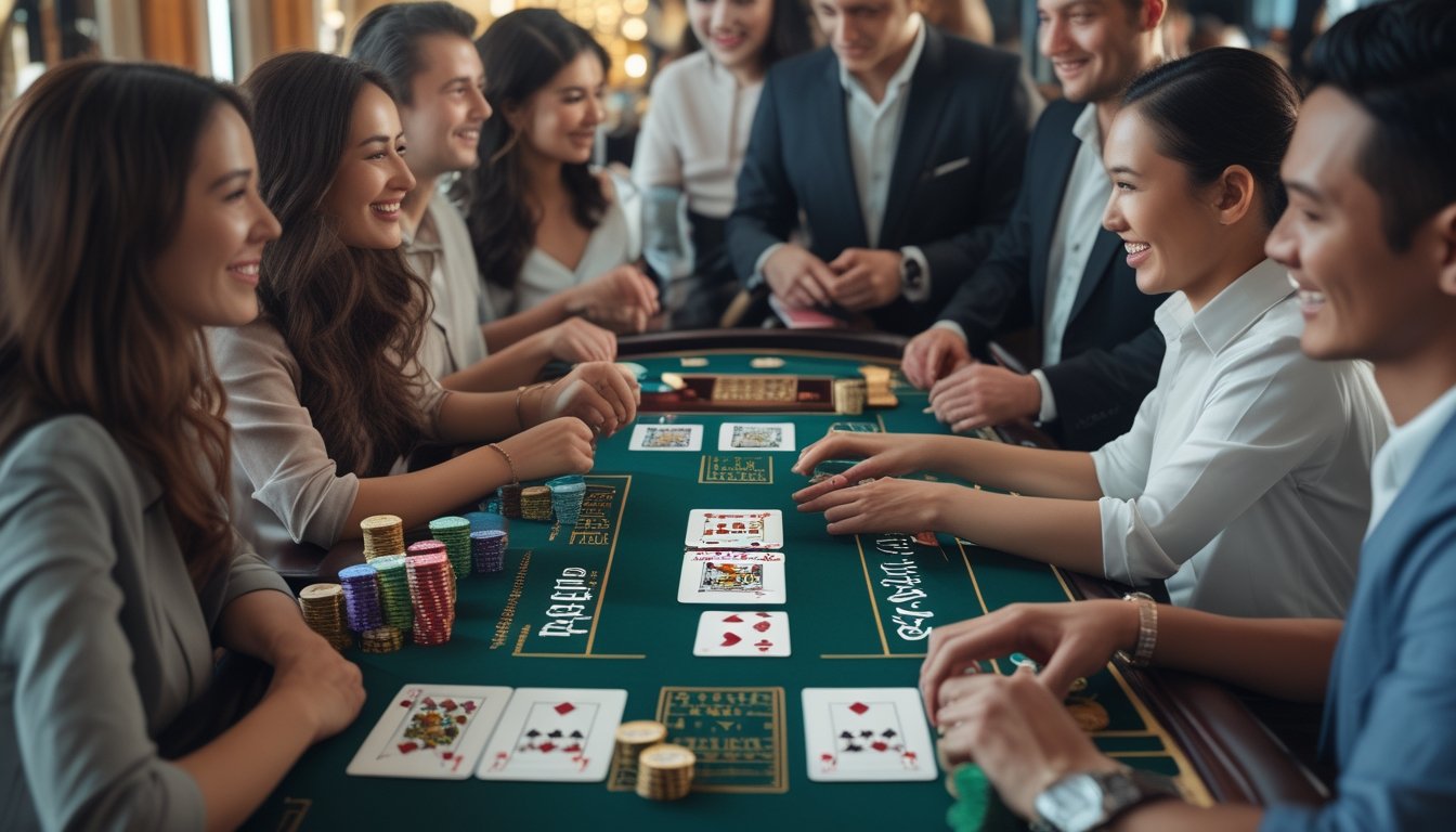 Meja blackjack dengan kartu dan chip, beberapa pemain dan dealer sedang bermain di kasino.