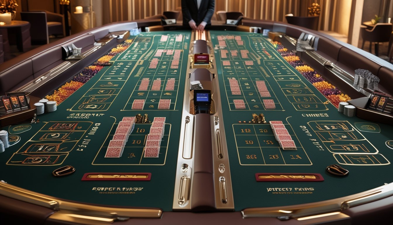 Dua meja kasino disertai dengan kartu blackjack dan tumpukan chip, satu meja menampilkan Perfect Pairs Blackjack dan meja lainnya menampilkan Chinese Blackjack, dengan dealer dan suasana kasino mewah di latar belakang.