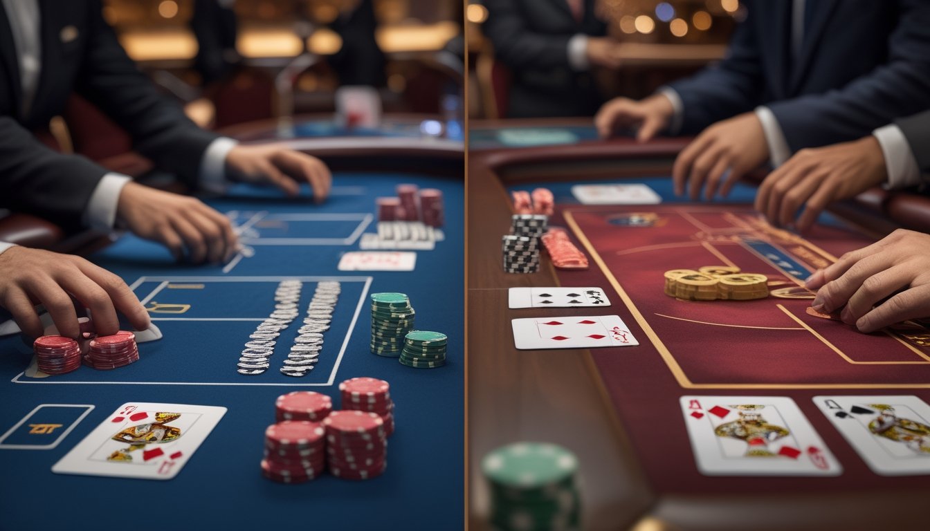 Meja kasino dengan dua permainan blackjack yang berbeda, Perfect Pairs dan Chinese Blackjack, dengan kartu dan chip taruhan di atas meja.