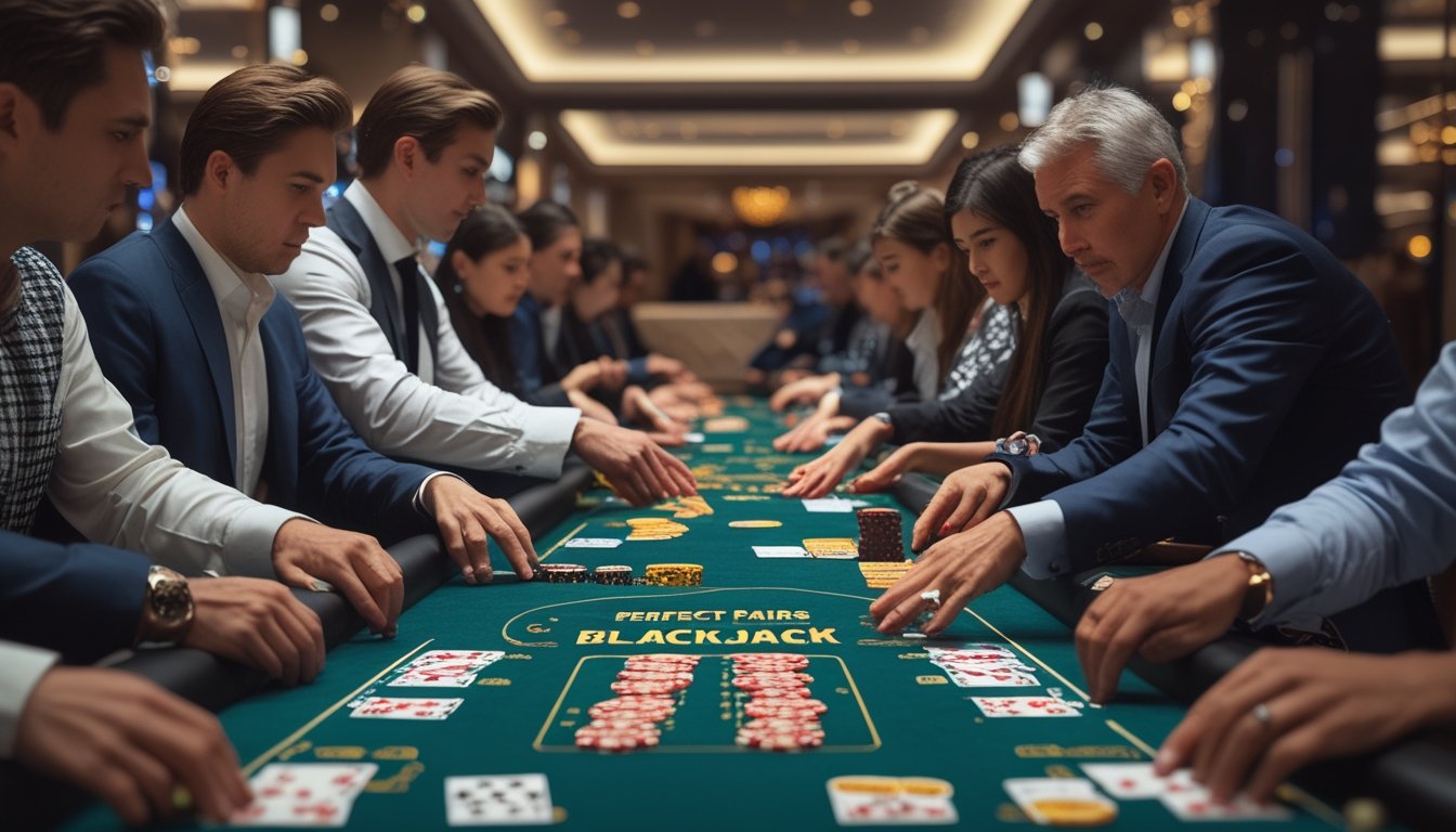Beberapa pemain di meja blackjack sedang bermain dan fokus pada kartu dan chip di kasino.