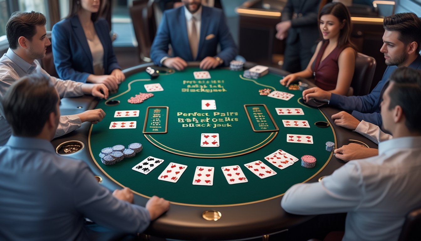 Meja kasino dengan pemain yang sedang bermain kartu Perfect Pairs Blackjack dan Chinese Blackjack.
