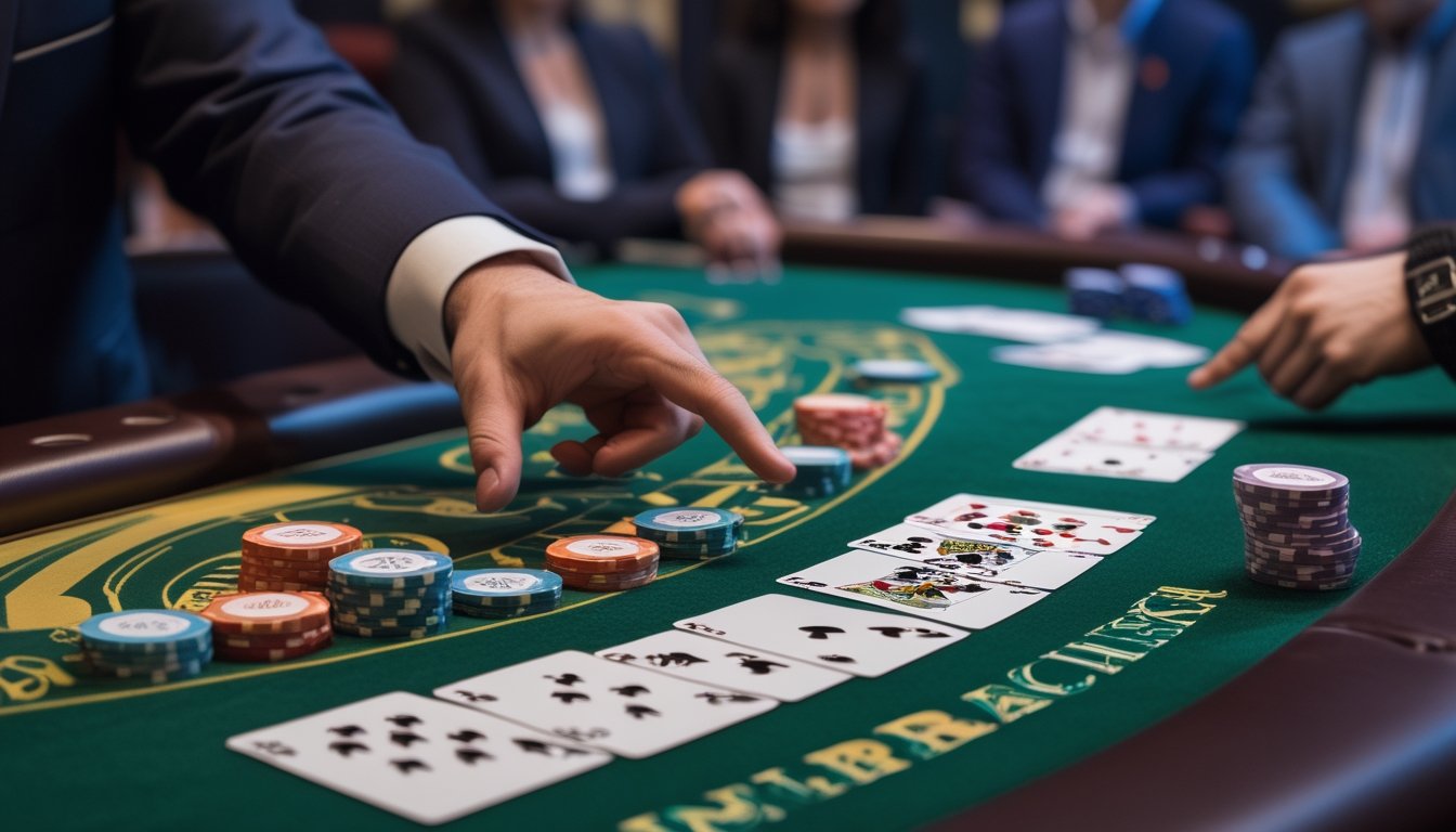 Meja kasino dengan permainan blackjack yang sedang berlangsung, menampilkan kartu dan tumpukan chip dengan pemain dan dealer di latar belakang.