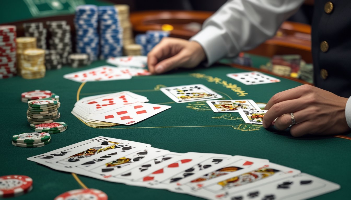 Meja blackjack kasino dengan kartu yang tersusun rapi dan tumpukan chip, memperlihatkan suasana permainan blackjack.