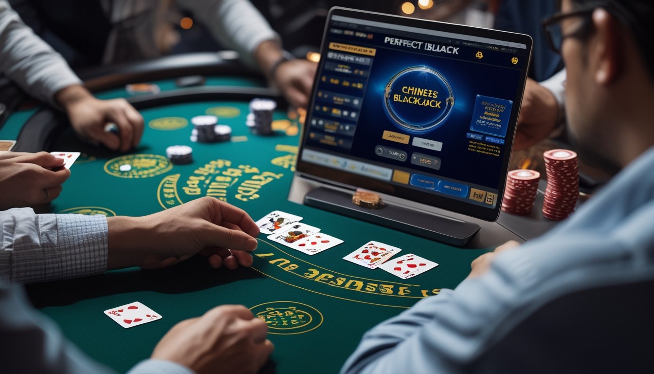 Meja kasino dengan kartu dan pemain yang sedang bermain blackjack online menggunakan laptop dan chip taruhan.