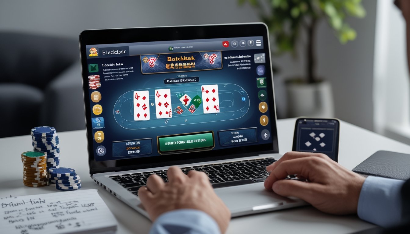 Seseorang sedang bermain blackjack online di laptop dengan kartu dan chip poker di meja, di ruang yang terang dan rapi.