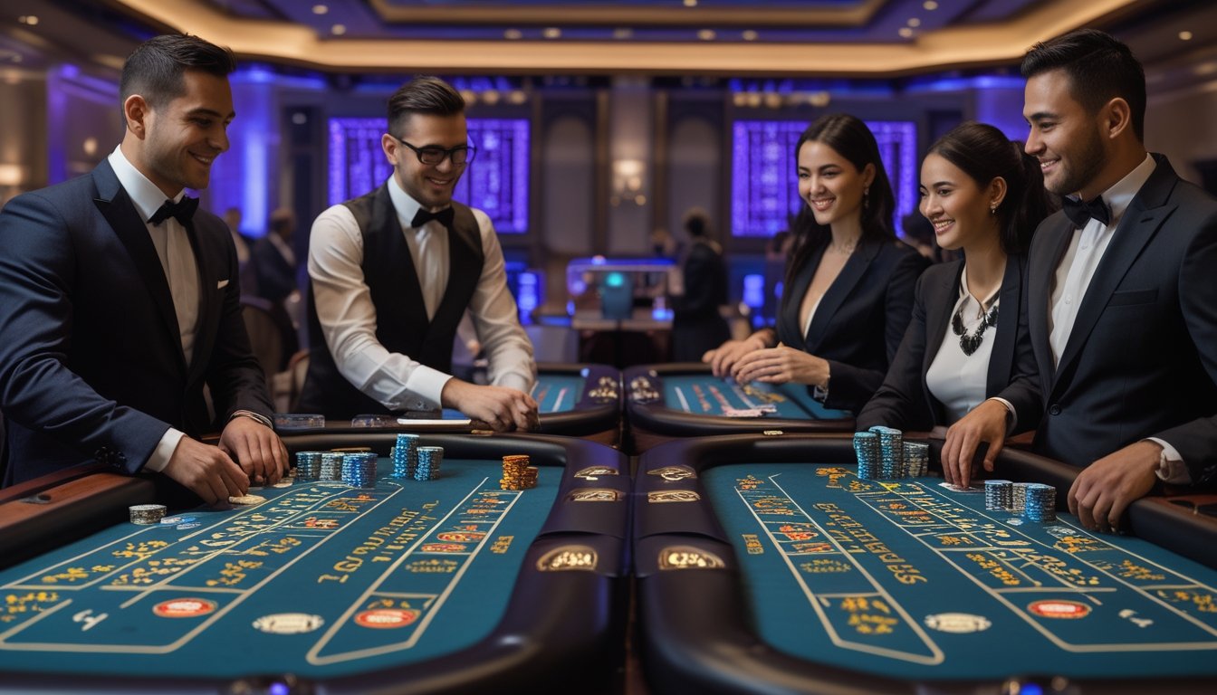 Suasana meja blackjack dengan pemain dan dealer sedang bermain di kasino.