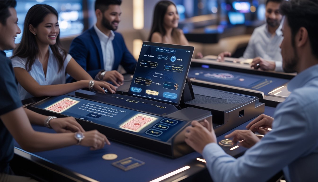 Beberapa orang bermain blackjack di meja digital modern dengan tampilan fitur inovatif di kasino.