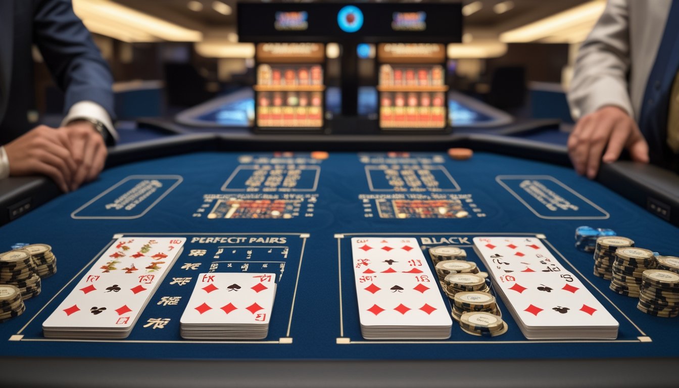 Meja blackjack di kasino modern dengan dua permainan blackjack yang berbeda, Perfect Pairs dan Chinese Blackjack, dengan kartu dan chip di atas meja.
