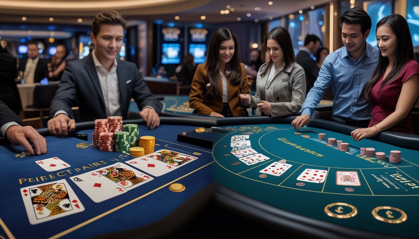 Suasana kasino modern dengan dua meja blackjack digital yang berbeda, satu menampilkan permainan Perfect Pairs Blackjack dan yang lain Chinese Blackjack, dengan pemain yang sedang bertaruh dan suasana yang terang.