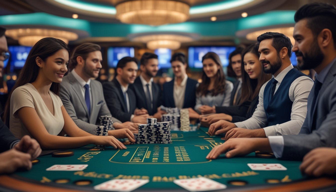 Meja blackjack dengan pemain yang serius dan dealer di kasino yang terang dan aman.