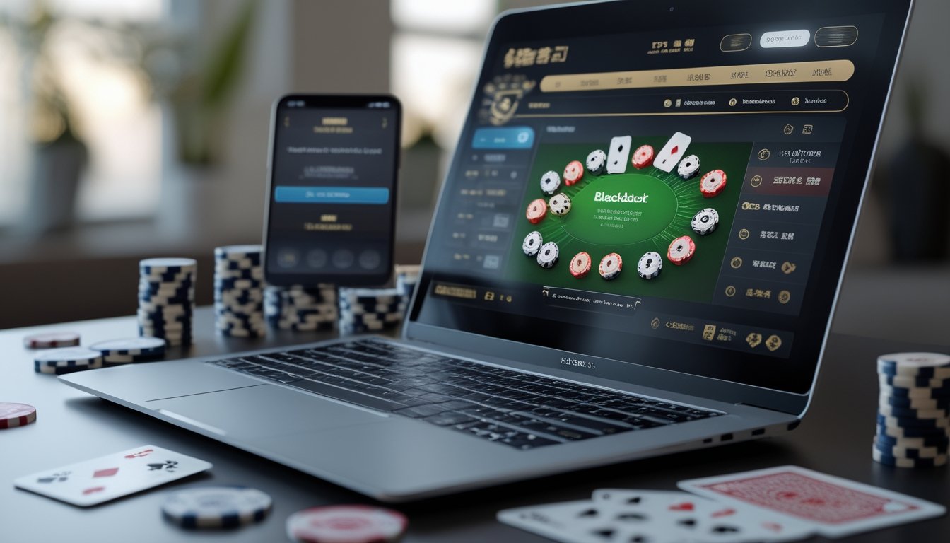 Seorang pria menggunakan laptop dengan tampilan permainan blackjack online, dikelilingi kartu remi dan chip poker di atas meja.