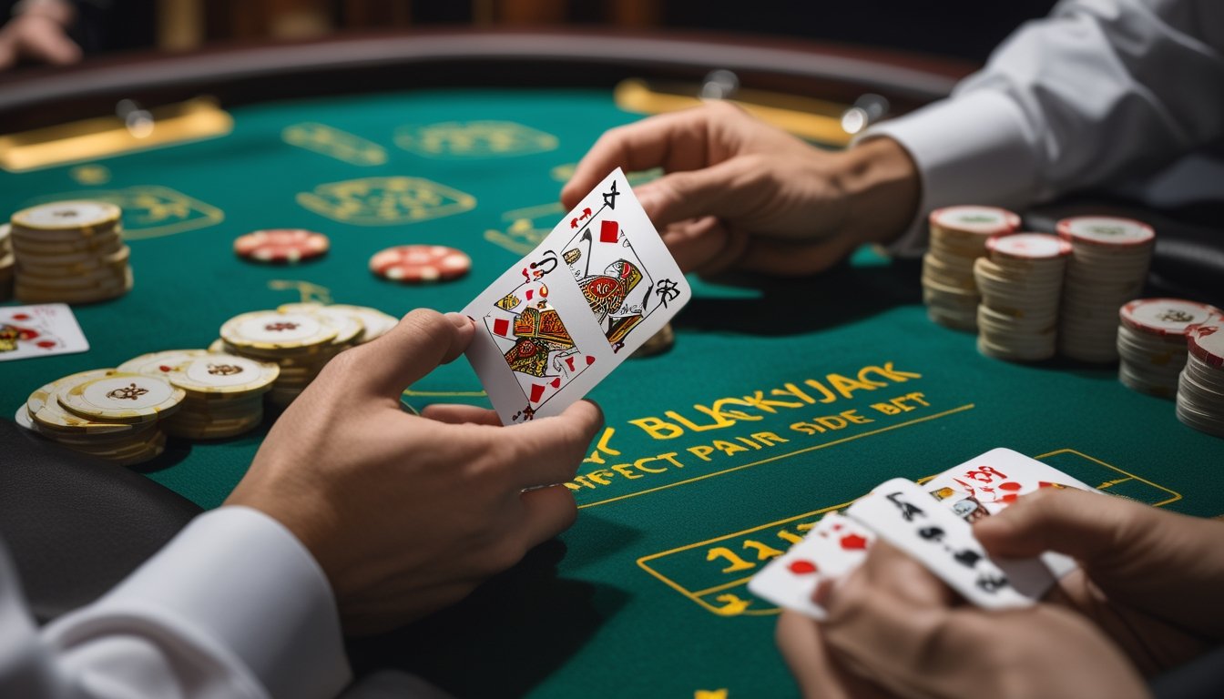 Meja blackjack dengan kartu dan taruhan sampingan perfect pairs, tangan pemain dan dealer terlihat sedang bermain.