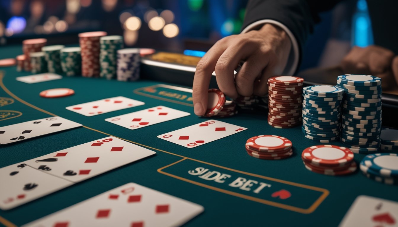 Tampilan dekat meja blackjack dengan kartu pasangan dan tumpukan chip, serta tangan dealer meletakkan chip taruhan sampingan.
