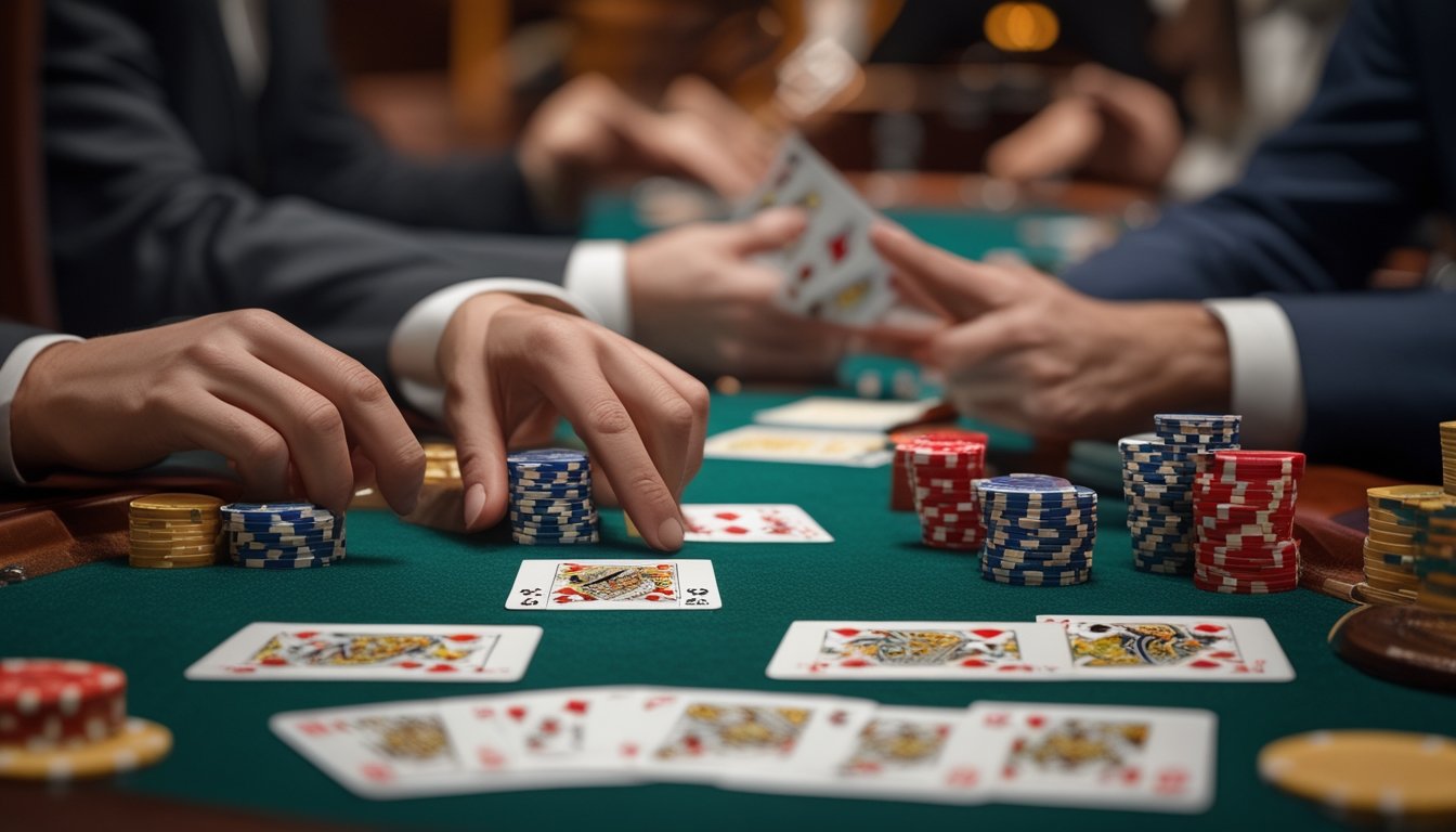 Meja kasino dengan kartu blackjack dan tumpukan chip, tangan sedang membagikan kartu, suasana kasino yang sibuk.