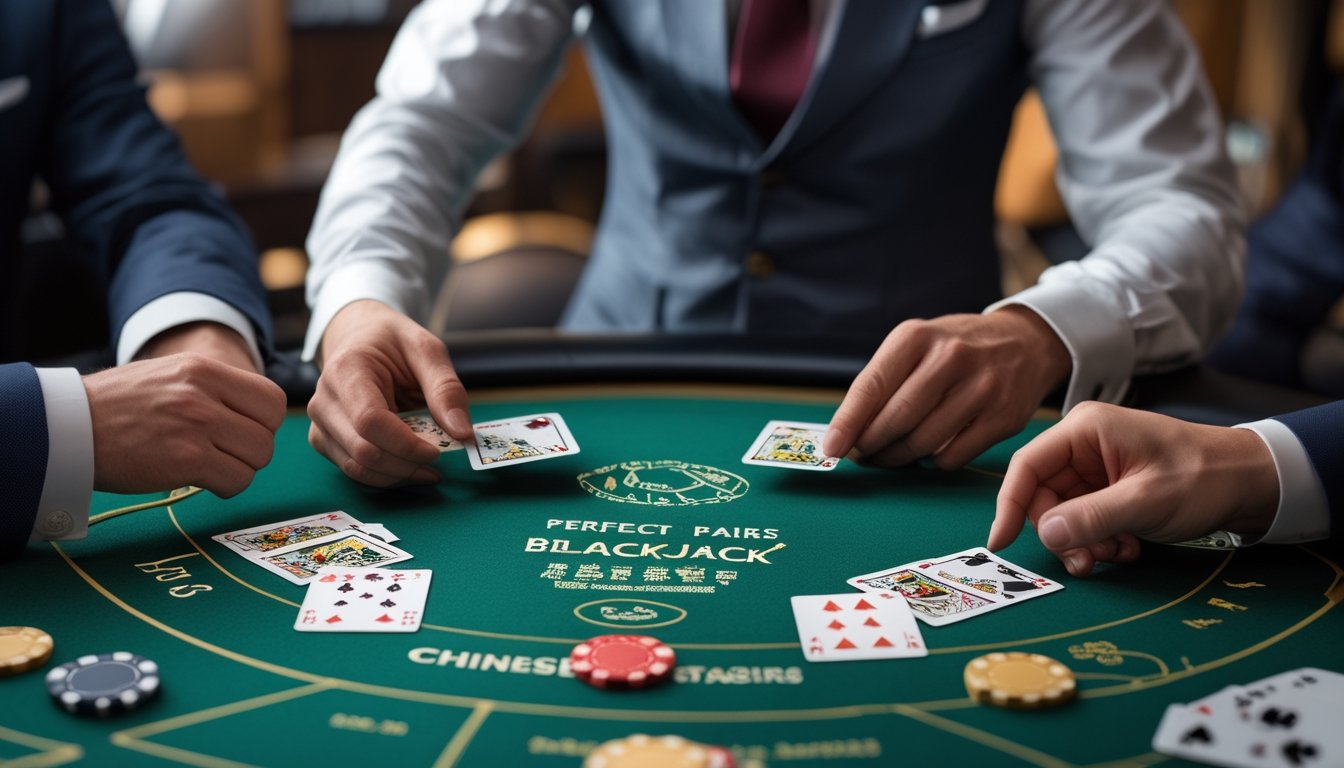 Meja kasino dengan dealer membagikan kartu kepada pemain yang memegang pasangan kartu pada permainan blackjack.