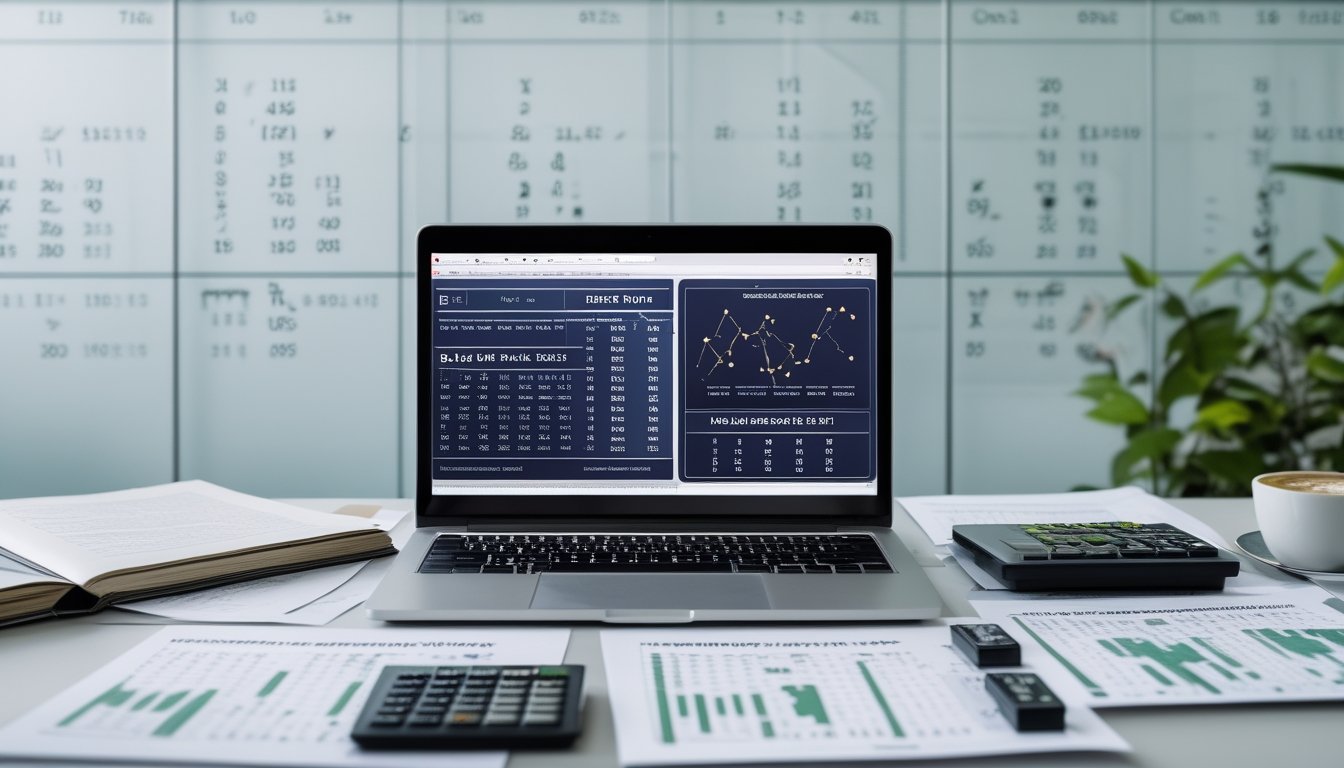 Meja kerja dengan laptop menampilkan grafik dan data angka, kertas dengan angka, kalkulator, dan secangkir kopi, menggambarkan analisis pasar togel Derby Run.