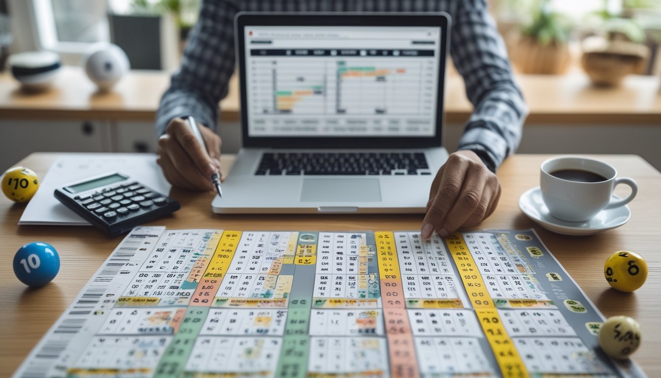 Seorang pria sedang menganalisis tiket lotere dan grafik di meja kerja dengan bola lotere dan kalkulator di sekitarnya.