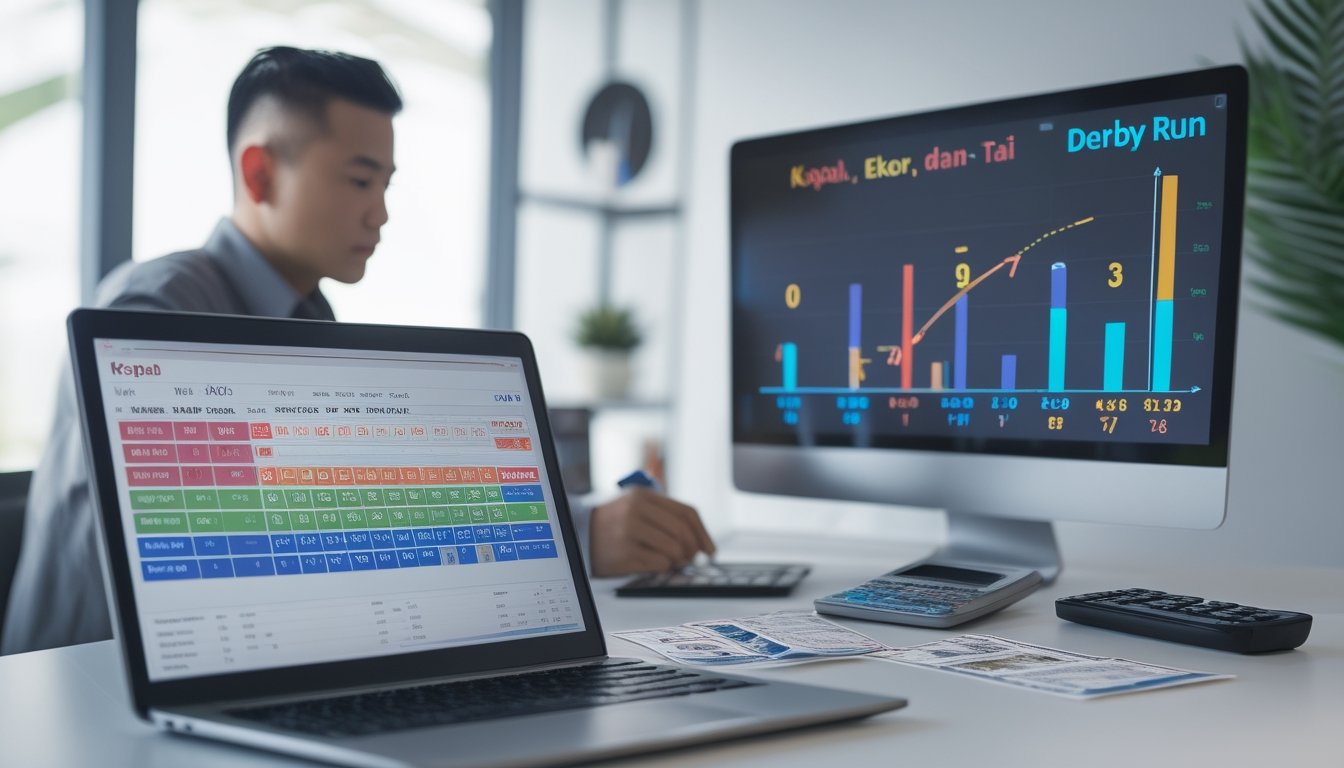 Seorang bettor sedang menganalisis data togel di depan layar dengan tiket dan alat tulis di meja.