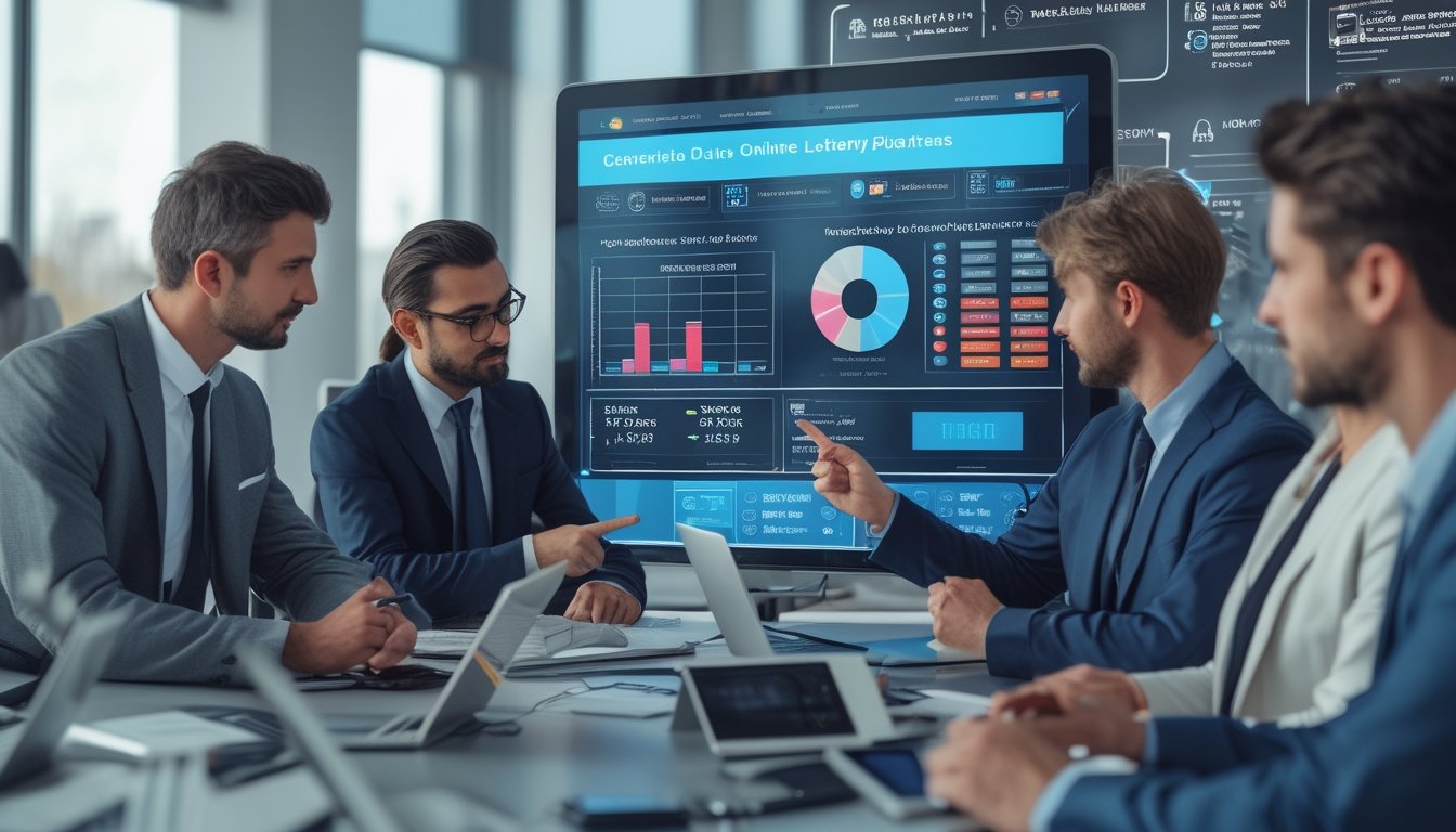 Sekelompok profesional sedang berdiskusi di ruang kantor modern dengan layar digital besar yang menampilkan grafik dan diagram.