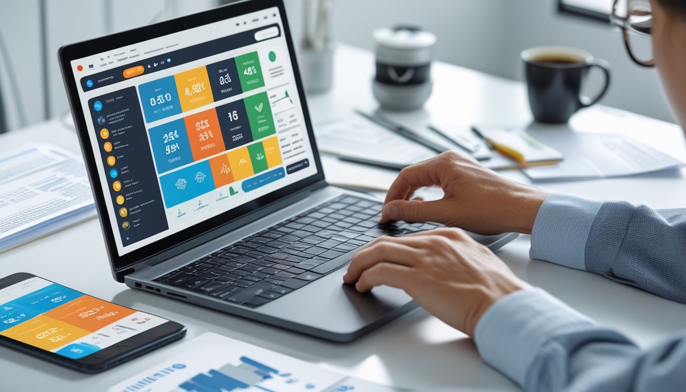 Seseorang sedang bekerja di depan laptop dengan tampilan dashboard platform taruhan togel, dikelilingi dokumen dan ponsel di ruang kantor yang terang.