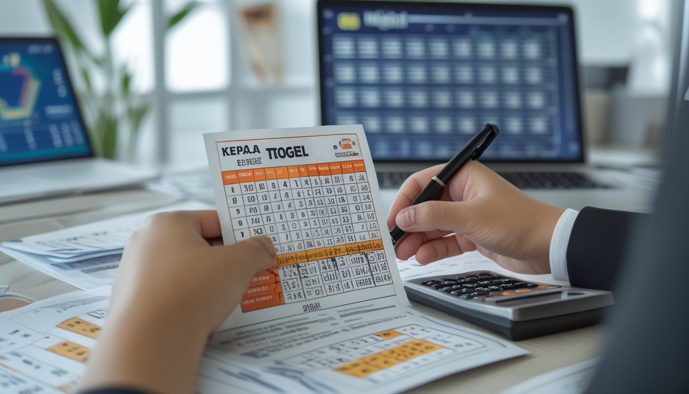 Tangan seseorang sedang berinteraksi dengan alat dan dokumen taruhan Togel, termasuk slip taruhan dan grafik hasil pengundian, di atas meja kerja yang rapi.
