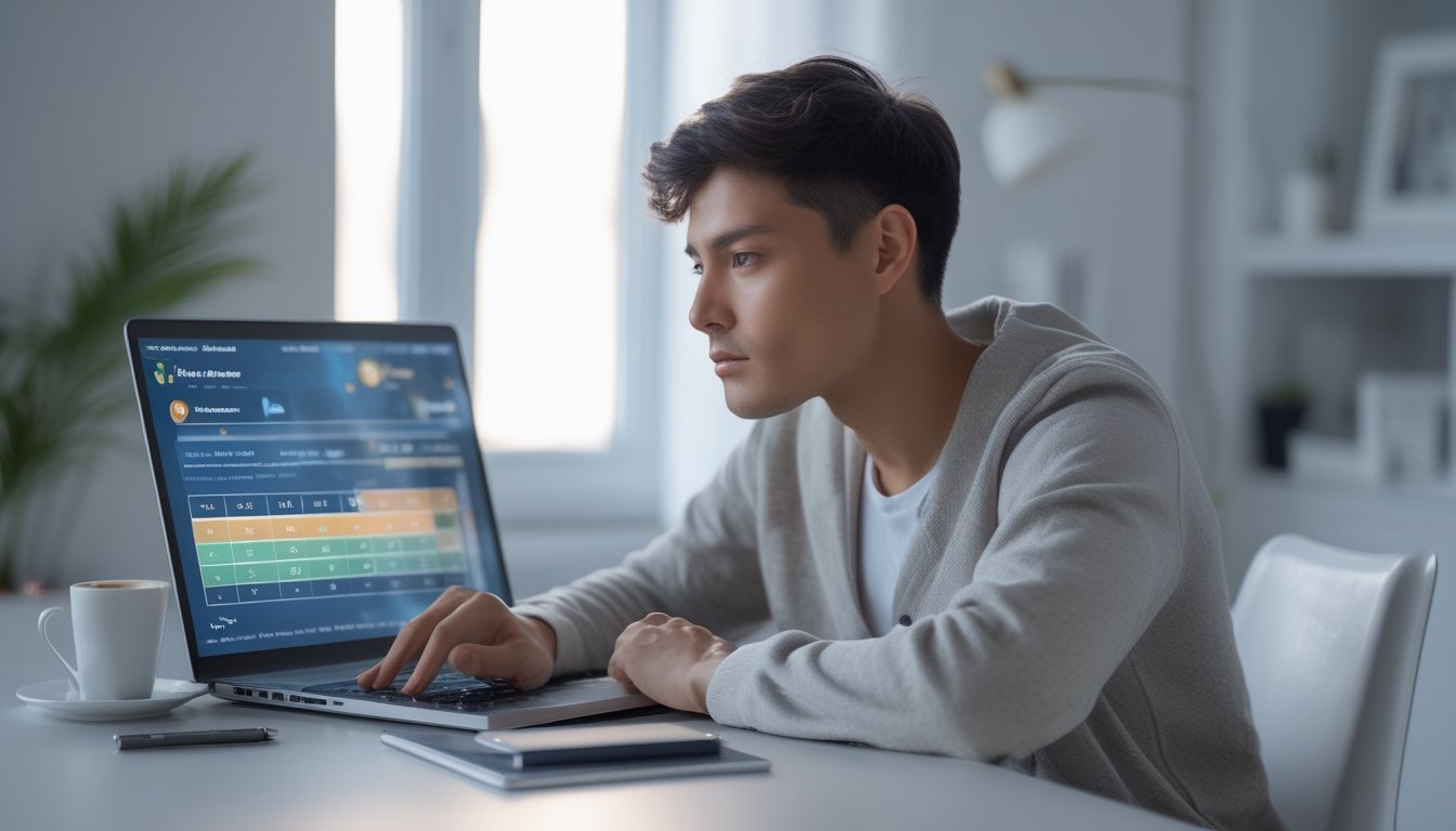 Seseorang sedang duduk di meja dengan laptop di ruang kerja rumah yang rapi, terlihat fokus dan tenang saat menggunakan platform online.