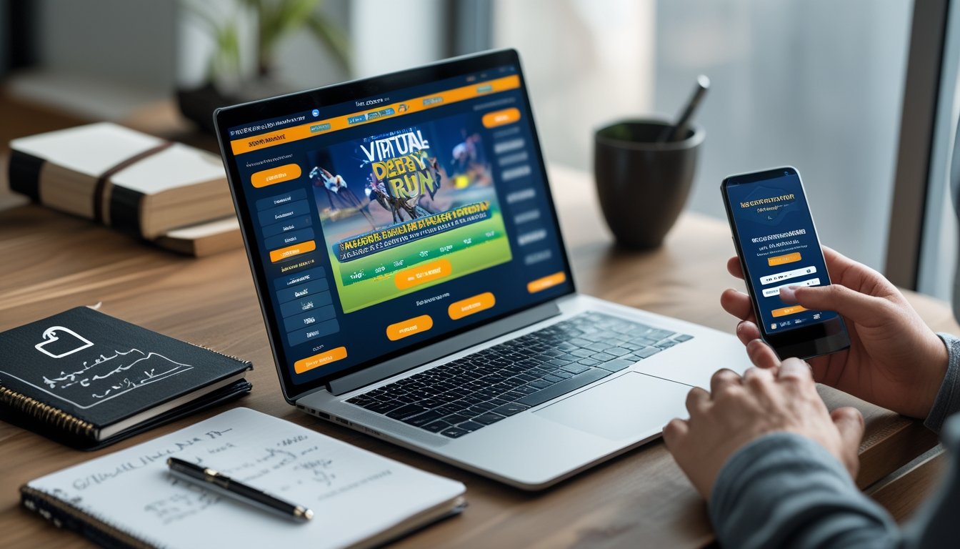 Seorang pengguna sedang bermain permainan derby run secara online di laptop dengan perangkat pendukung di meja kerja.