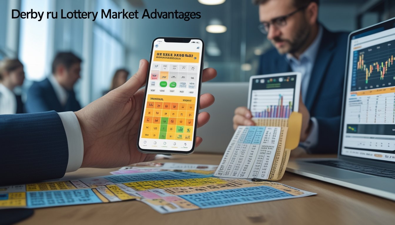 Tangan seseorang memegang ponsel dengan aplikasi taruhan lotere digital, dikelilingi tiket lotere dan laptop dengan data statistik di meja kantor.