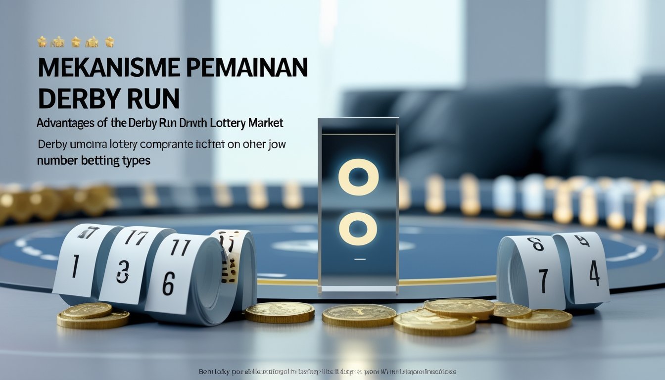 Suasana meja permainan dengan lintasan balap derby dan tiket taruhan angka yang tertata rapi, menunjukkan mekanisme dan keunggulan pasar togel Derby Run.