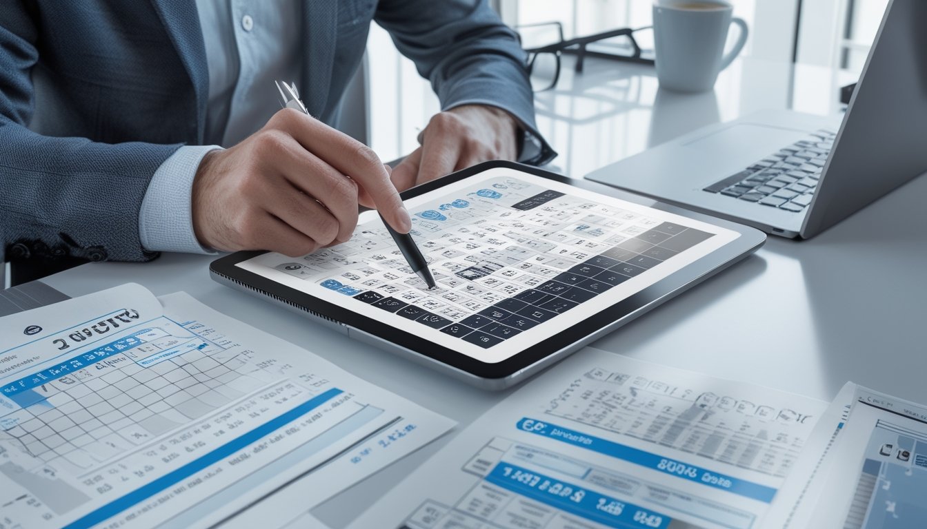 Seseorang sedang menganalisis angka togel menggunakan tablet dan kertas dengan grafik dan data statistik di atas meja kerja.