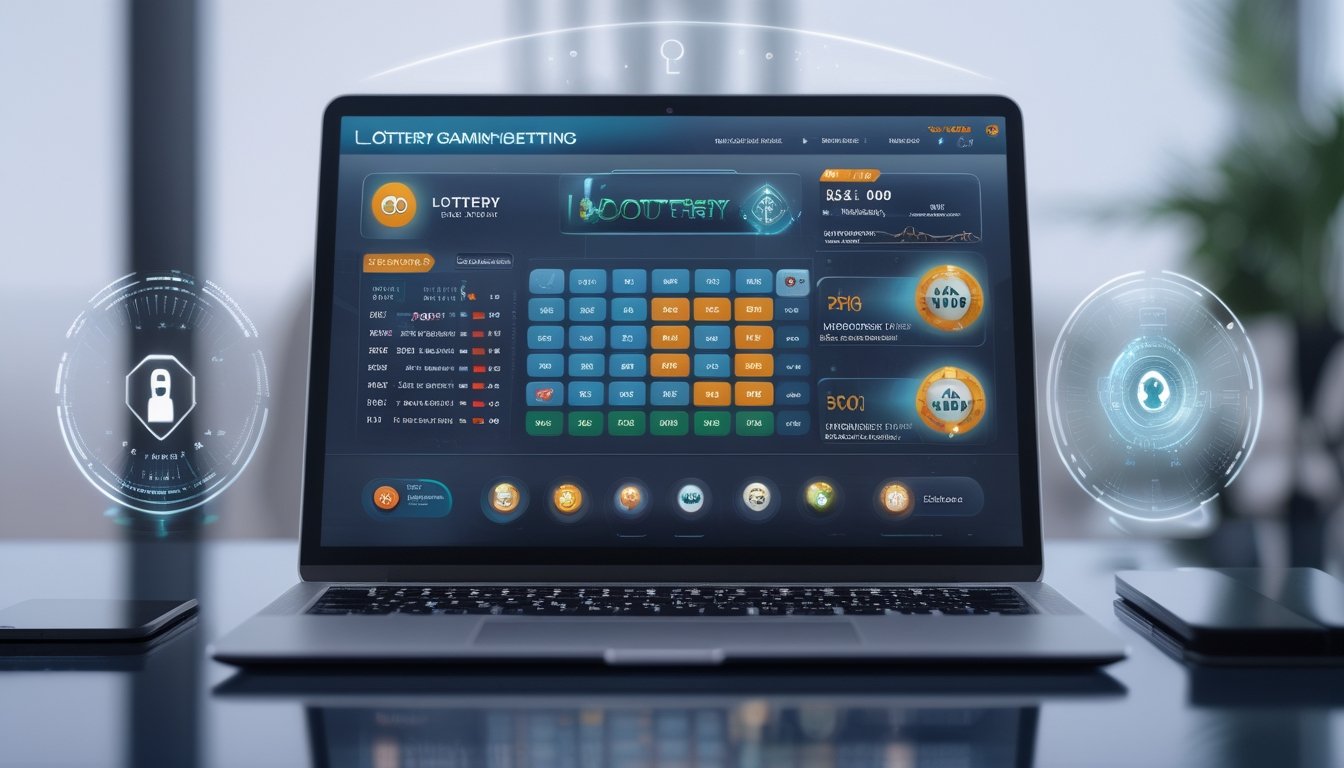 Sebuah layar komputer menampilkan antarmuka platform permainan lotre dan taruhan modern dengan grafik dan ikon terkait, dikelilingi oleh elemen teknologi dan keamanan.