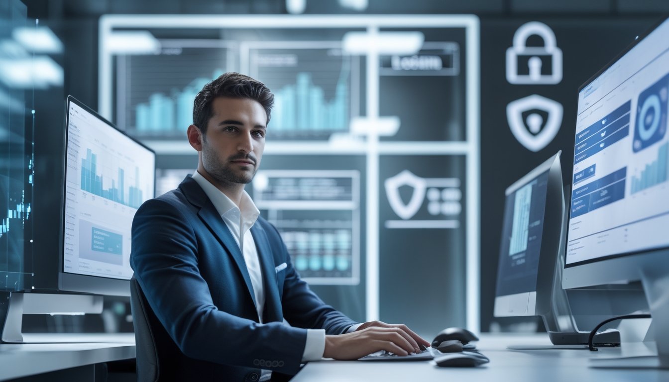 Seorang profesional di kantor modern sedang bekerja dengan beberapa layar komputer yang menampilkan data dan ikon keamanan.