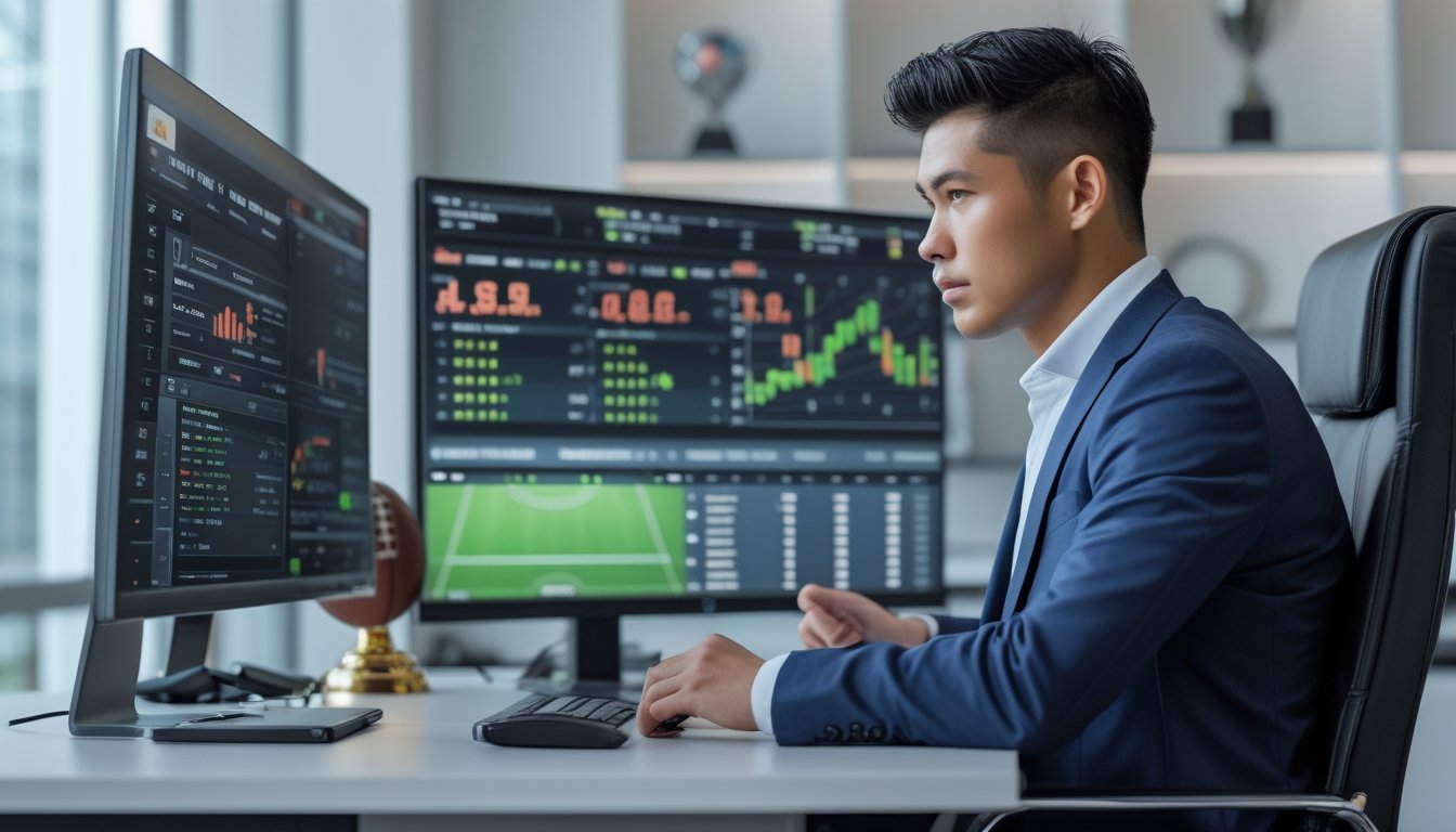 Seorang pria Asia Tenggara duduk di depan komputer di kantor modern sedang menganalisis data taruhan sepak bola dengan bola dan piala di sekitar meja.