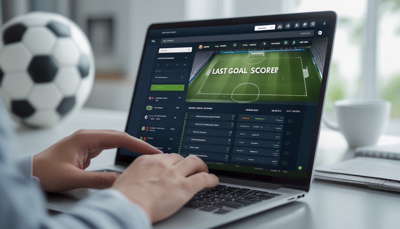 Seseorang menggunakan laptop yang menampilkan platform taruhan sepak bola online dengan fokus pada pilihan pencetak gol terakhir dalam pertandingan.