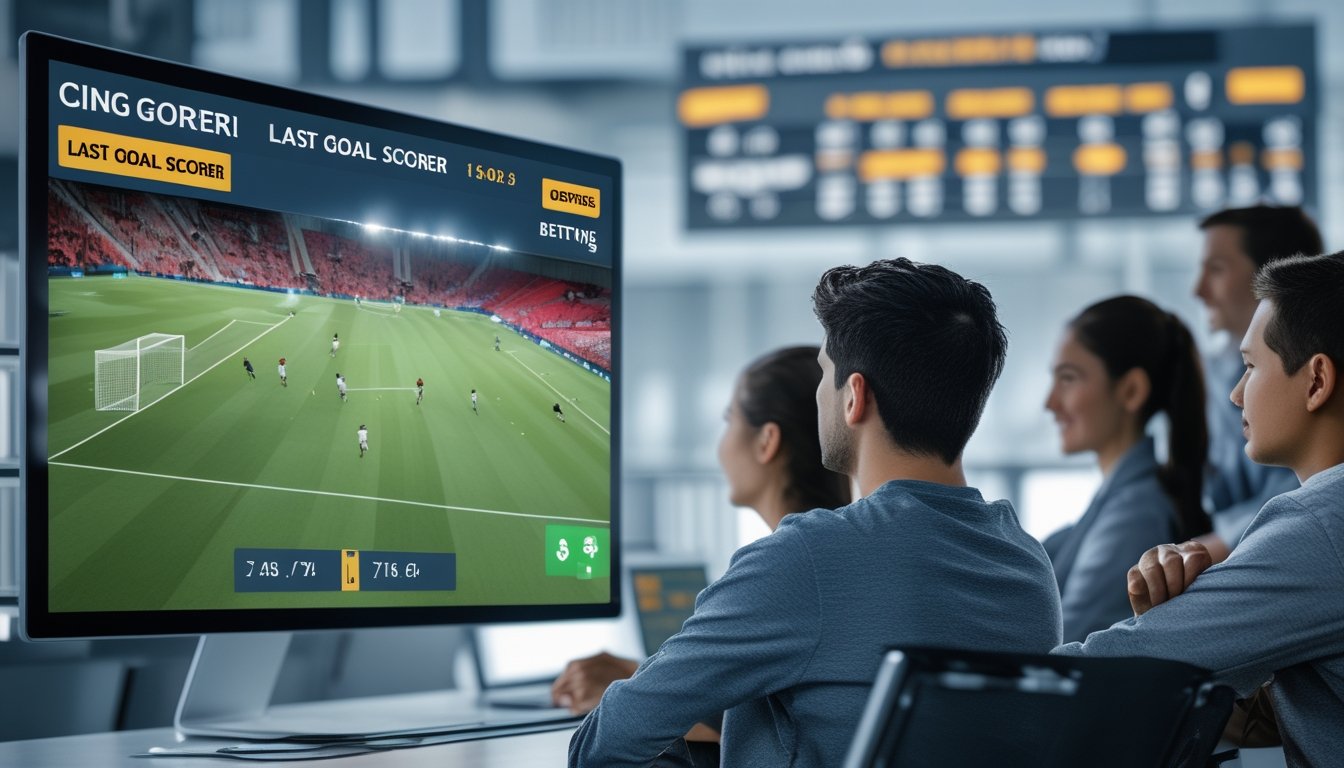 Seorang pria dan wanita sedang melihat layar digital besar yang menampilkan pertandingan sepak bola dan statistik pencetak gol terakhir dalam suasana taruhan olahraga online.