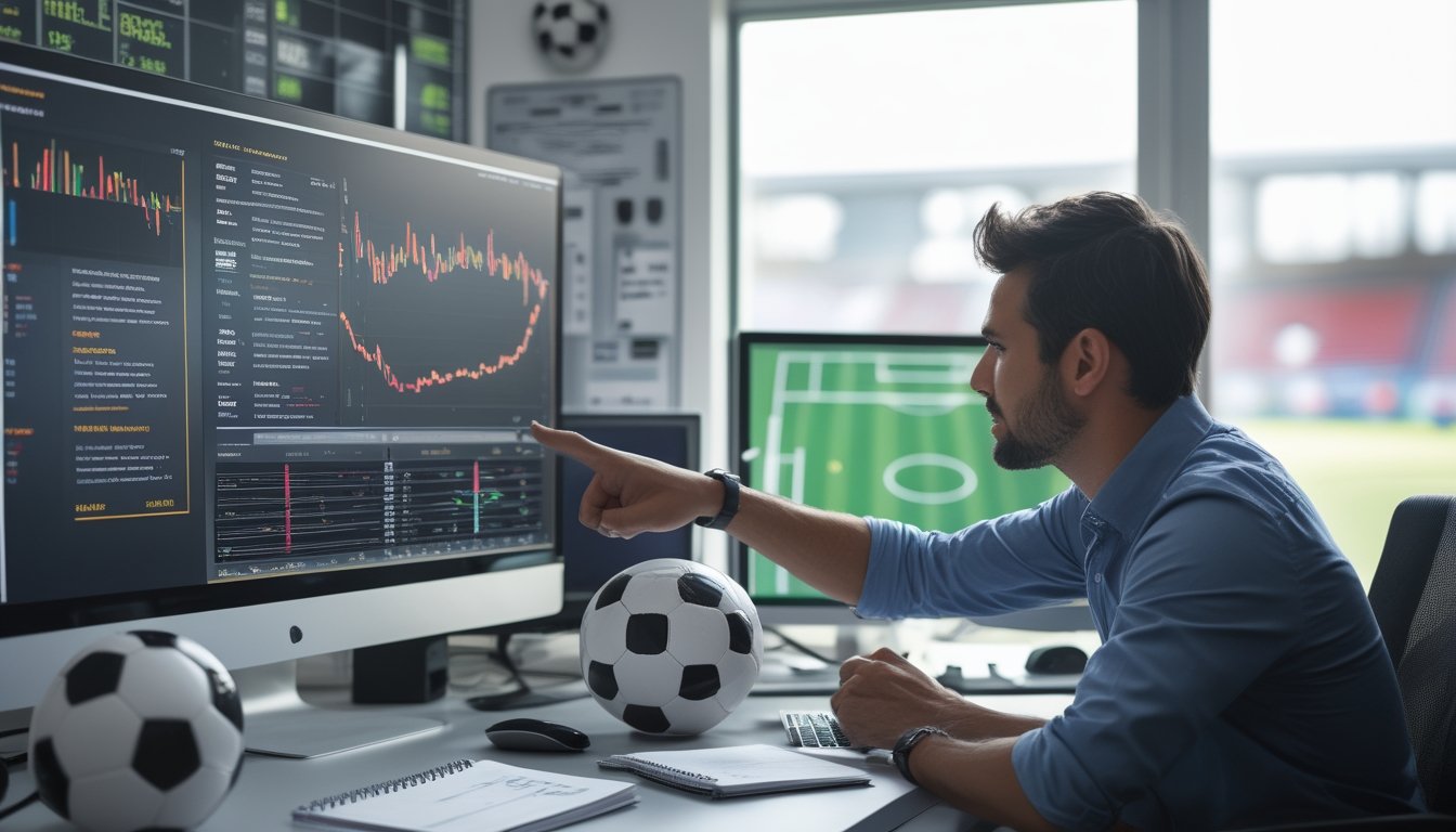 Seorang analis duduk di depan komputer yang menampilkan data dan grafik terkait strategi pencetak gol dalam sepak bola.