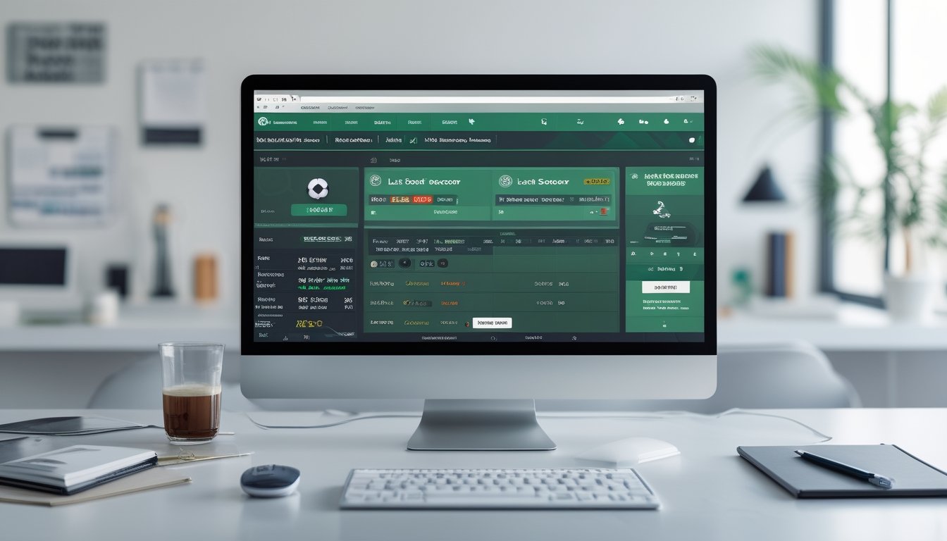 Seorang pria menggunakan komputer dengan layar yang menampilkan platform taruhan olahraga modern, fokus pada fitur pencetak gol terakhir, di ruang kerja yang terang dan rapi.