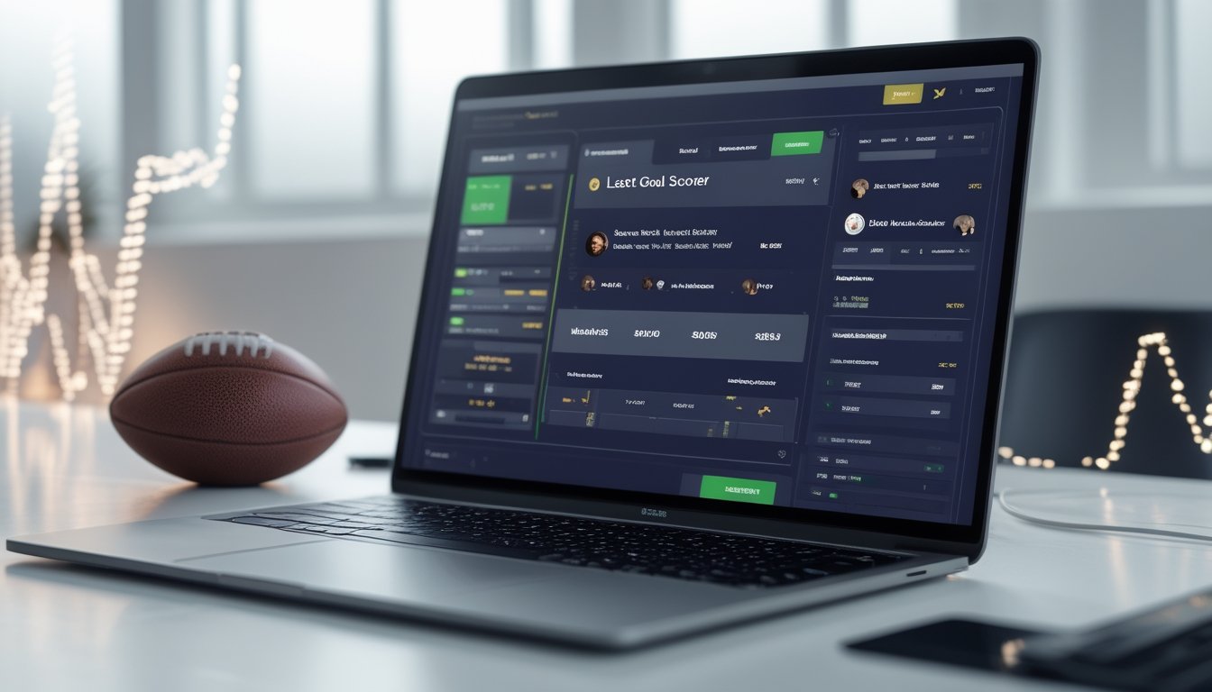 Sebuah laptop menampilkan antarmuka taruhan sepak bola dengan fokus pada fitur pencetak gol terakhir, dikelilingi bola sepak dan grafik digital.