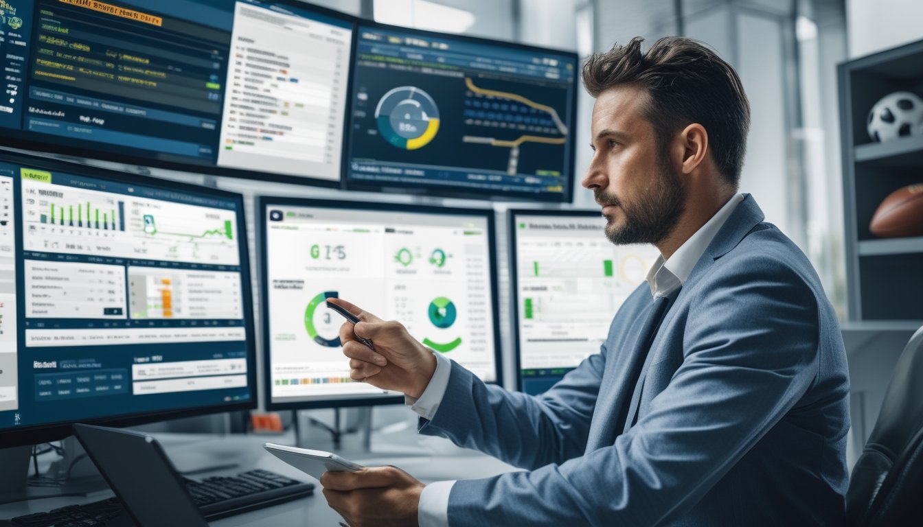 Seorang analis olahraga sedang meninjau statistik dan data performa pemain sepak bola di layar komputer di sebuah kantor modern.